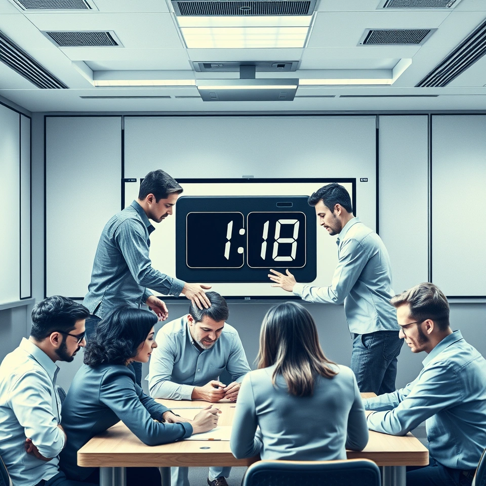 Coworkers gathered around a table solving a timed puzzle together while a clock counts down in the background