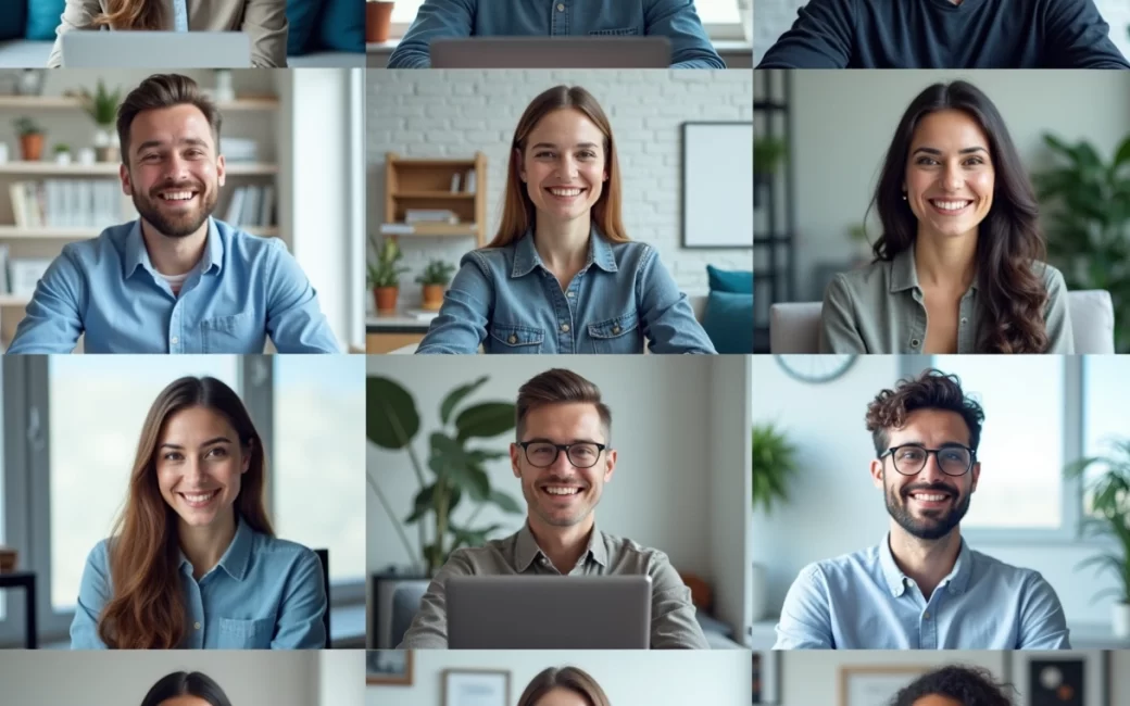 Remote and in-office team members on a video call getting to know each other through a quick icebreaker exercise
