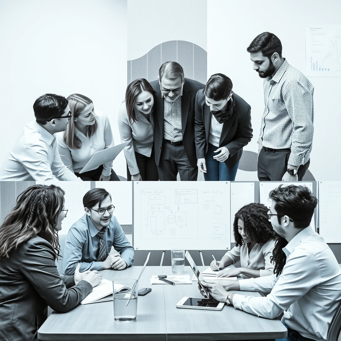 Team members engaged in collaborative discussion around a table.