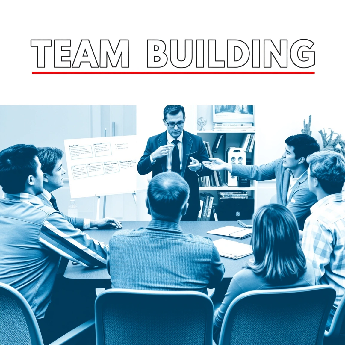 Manager facilitating a team-building activity by connecting it to a real project challenge on the meeting agenda
