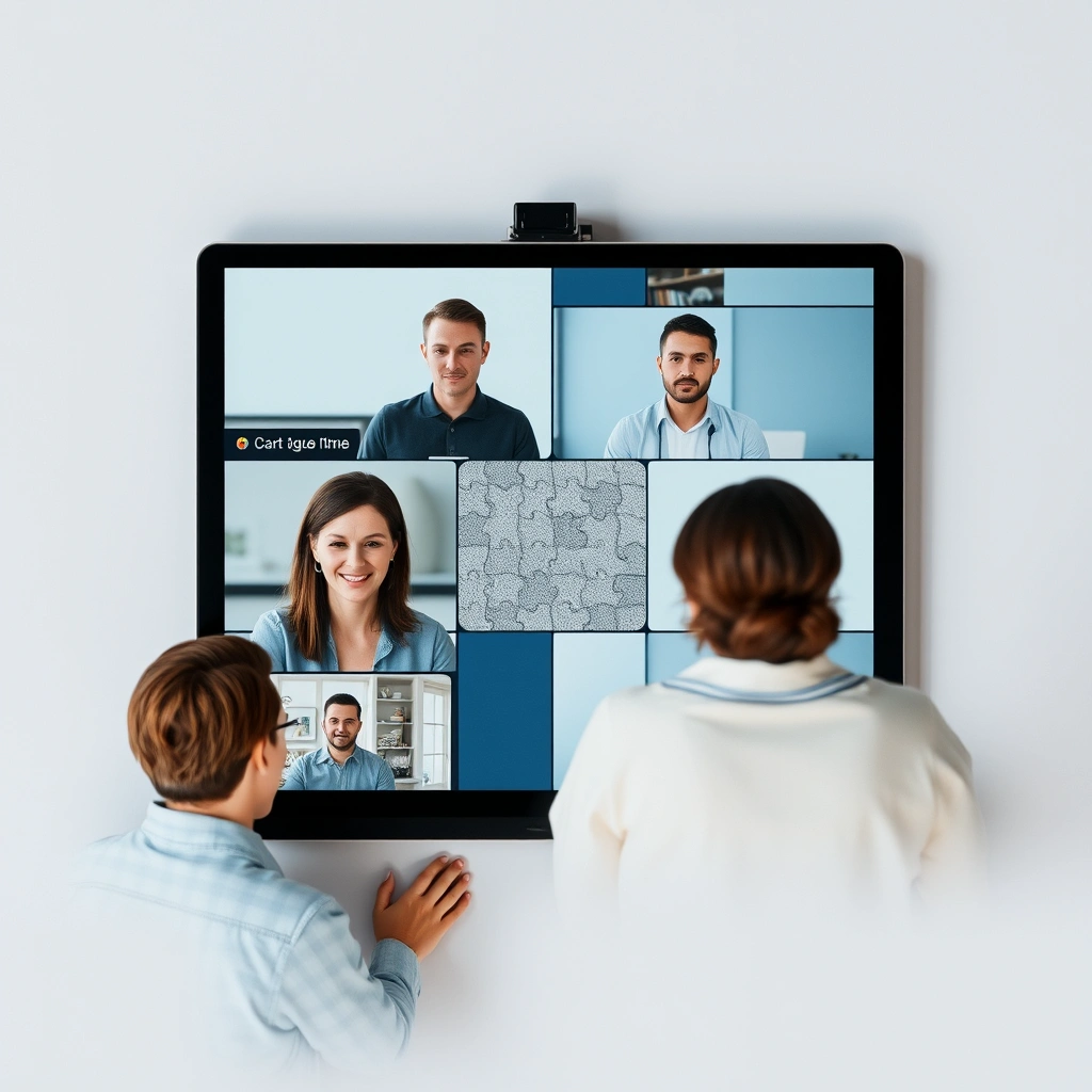Team members on a screen-shared video call collaborating on a digital puzzle displayed on their screens