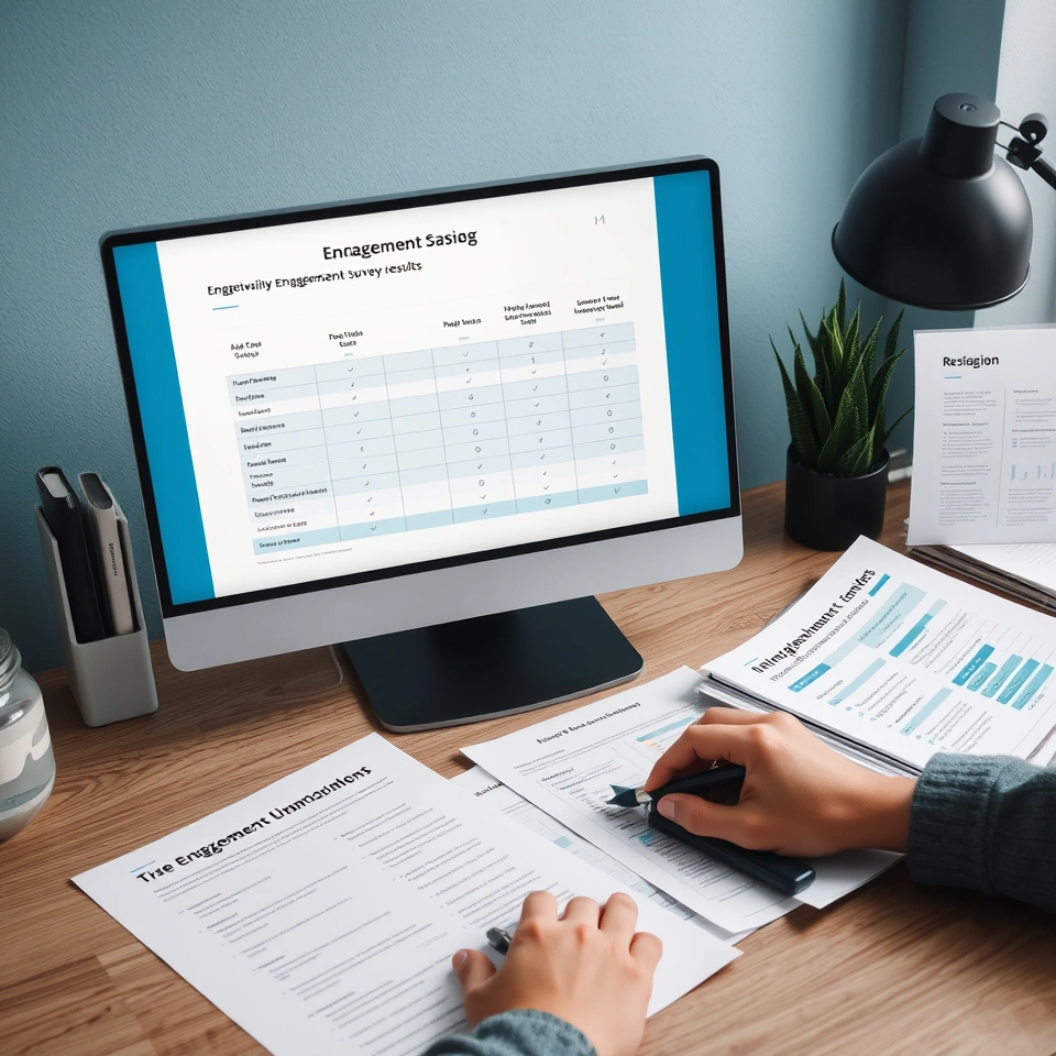 Manager examining engagement survey data and results at a desk.