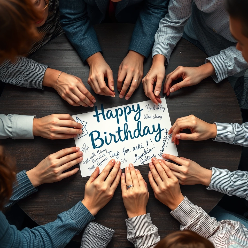 Office team members signing a shared birthday card together.