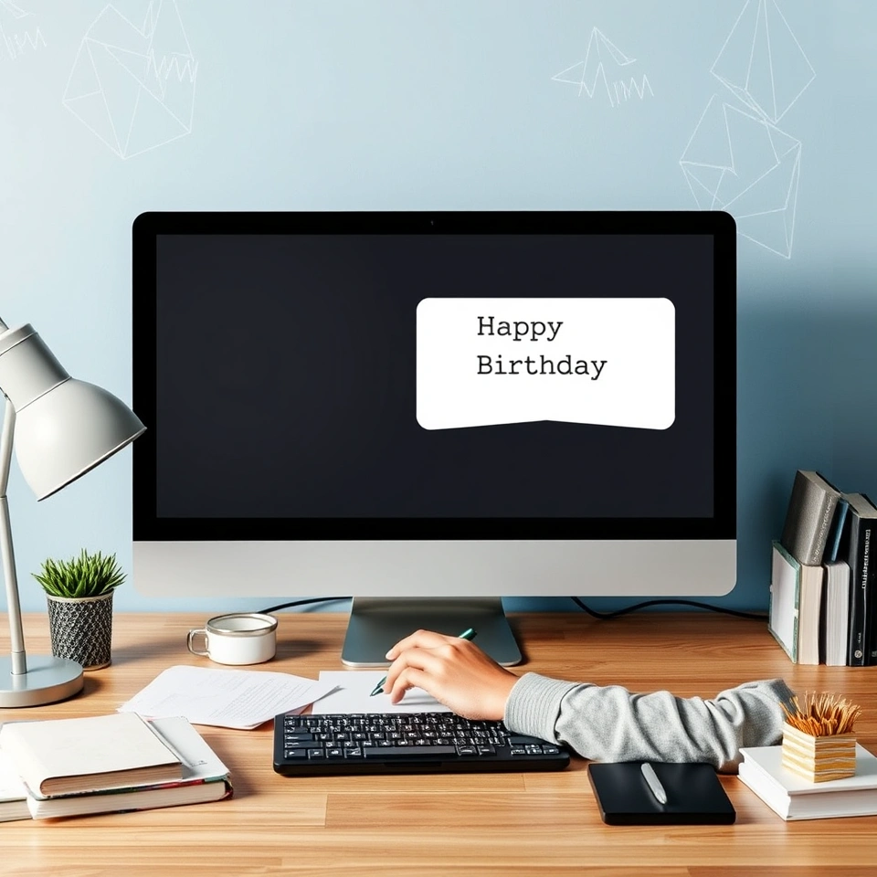 Manager typing a birthday message at their desk.