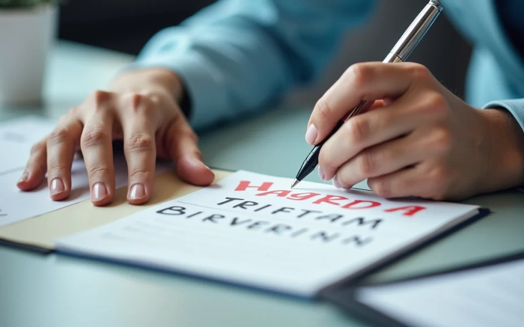 Person writing on a birthday card at an office desk.