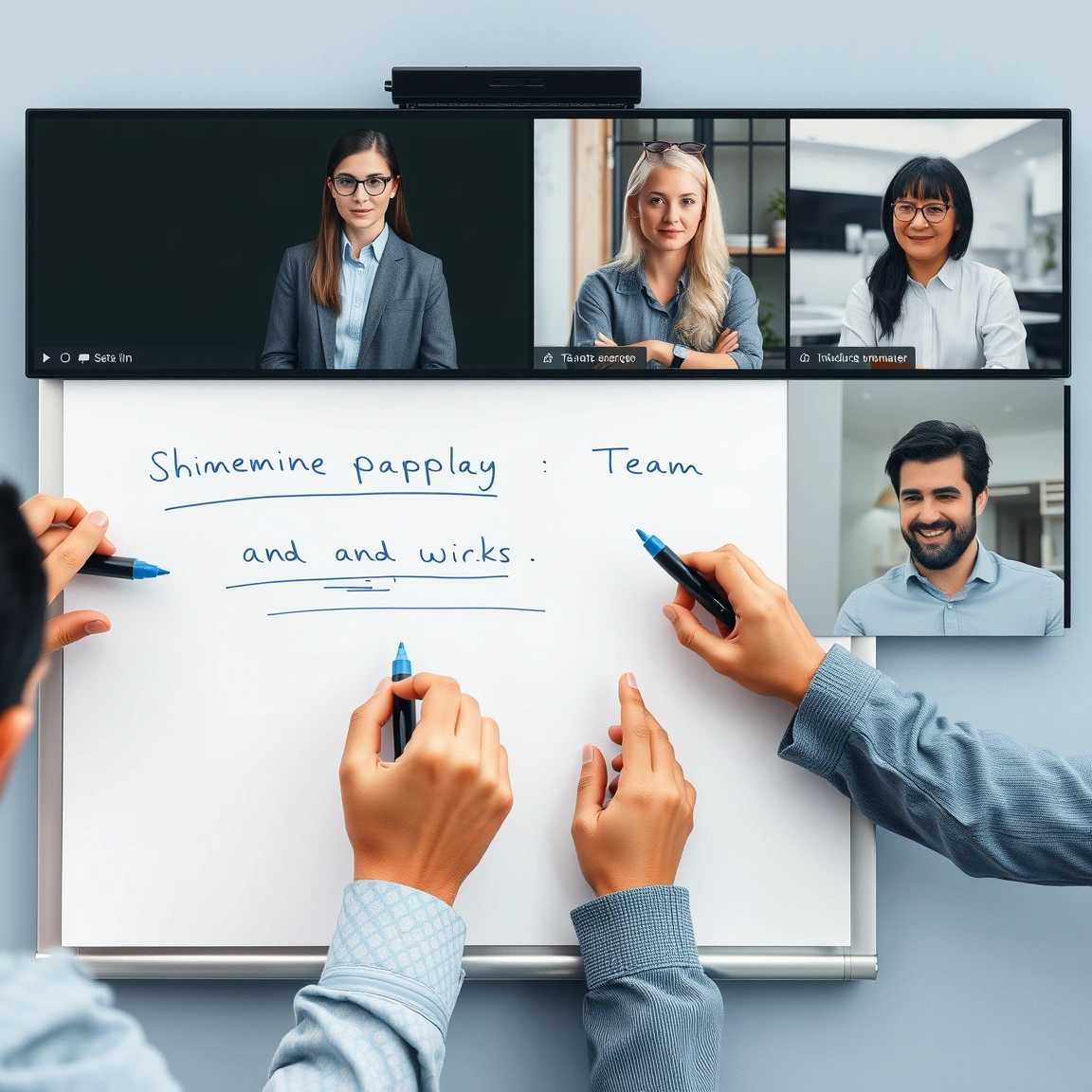 Distributed team collaborating on a shared virtual whiteboard during a remote session