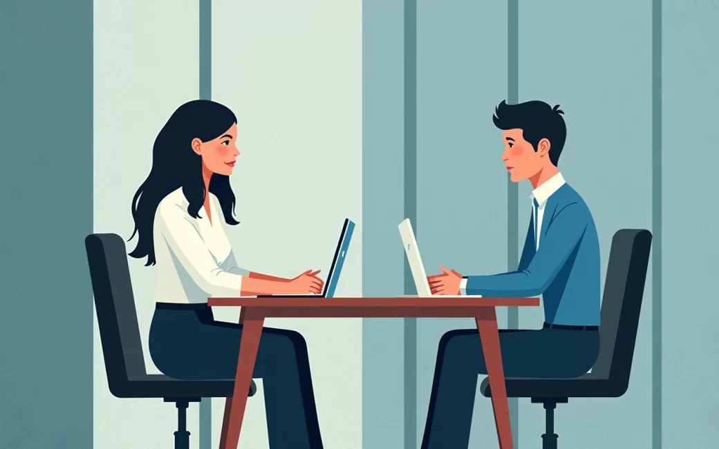 Manager and employee discussing work expectations in an office setting.