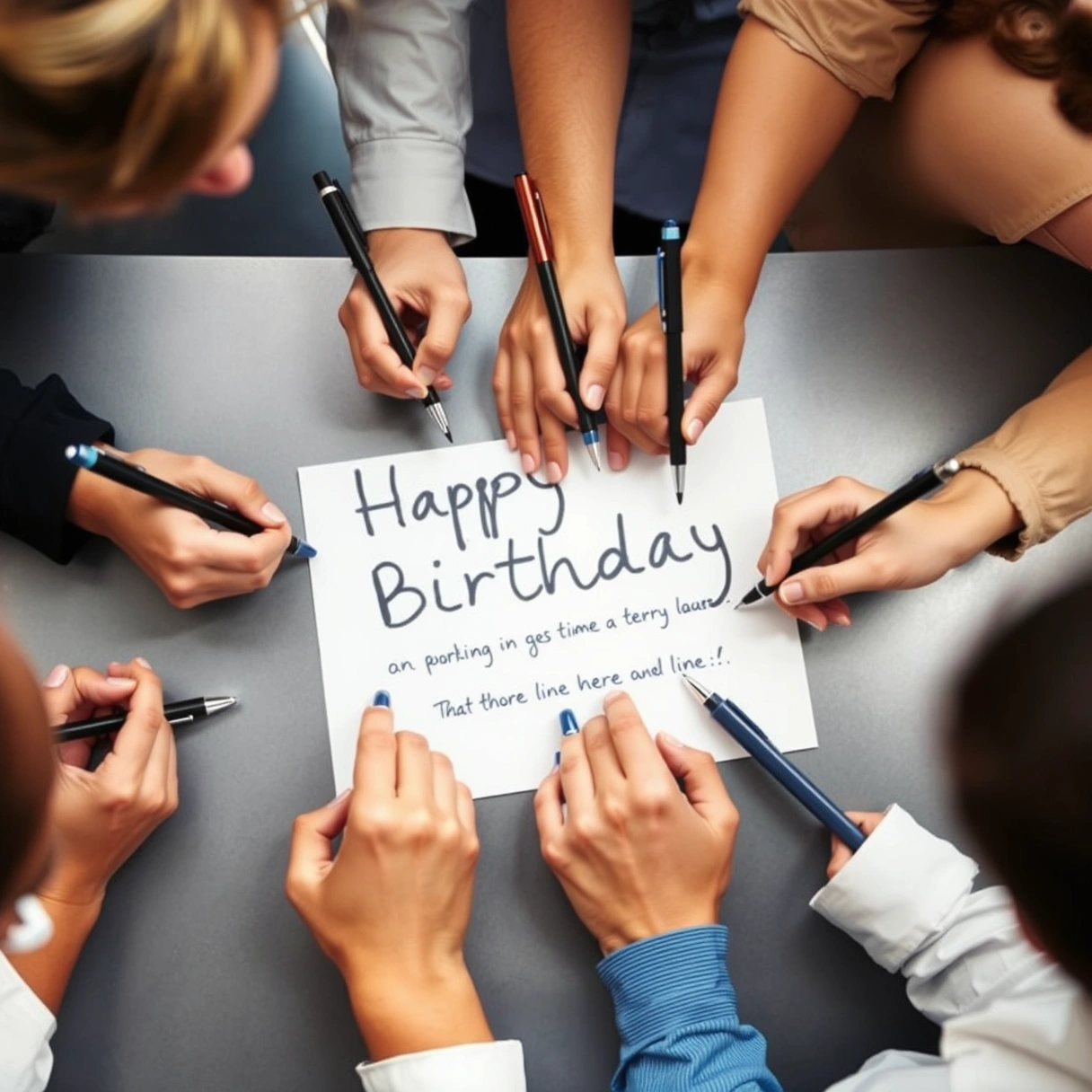 Several coworkers signing a birthday card together, each writing a short line in the limited space