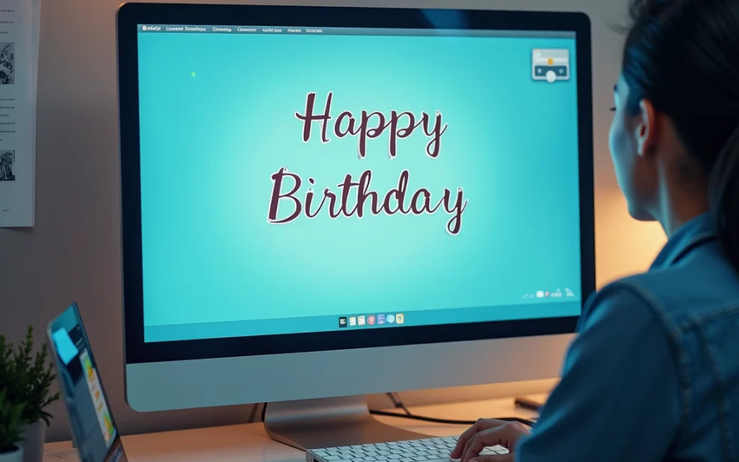 A coworker smiling at their desk while reading a personalized birthday message on their computer