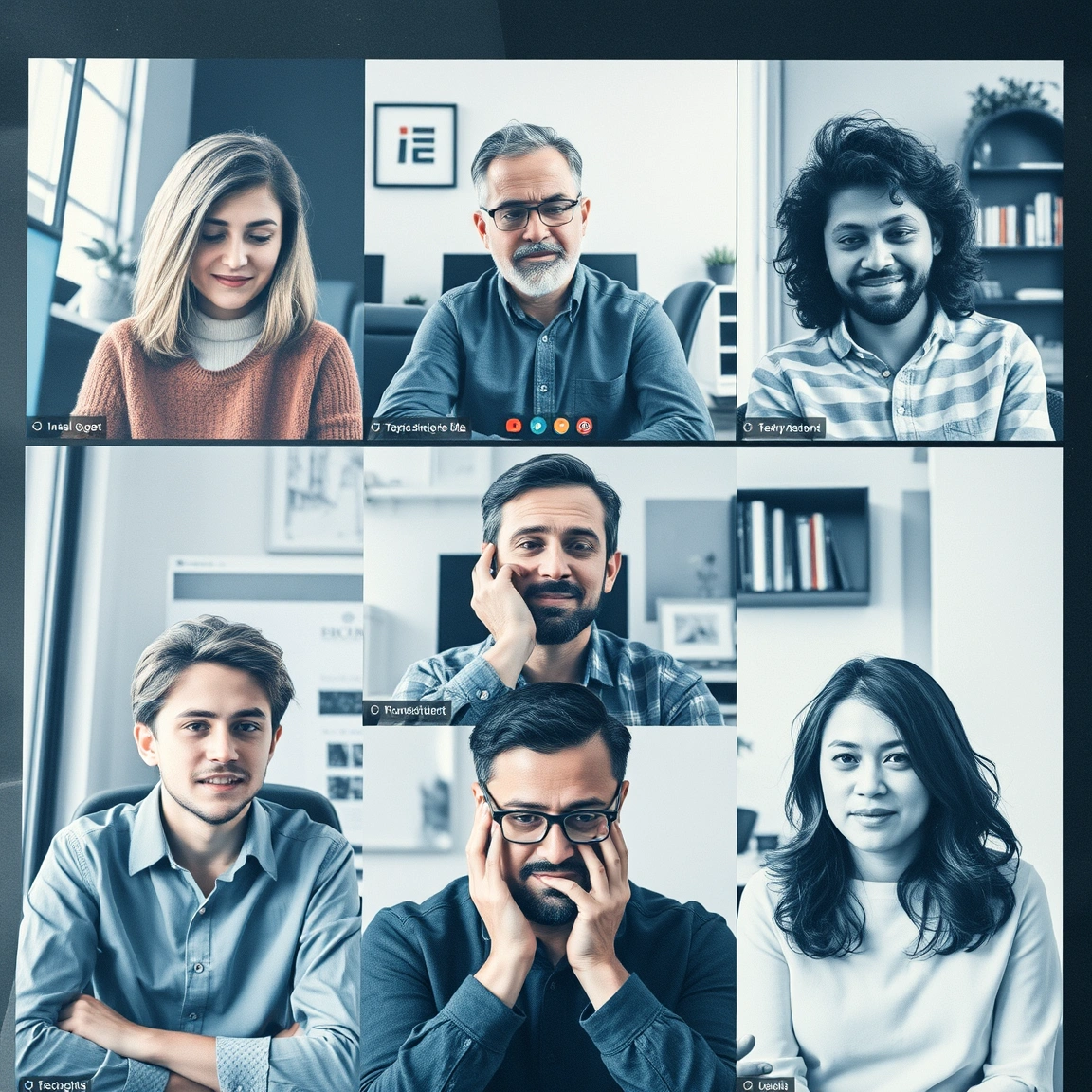 Video call where one participant looks overwhelmed while others seem oblivious to their struggle
