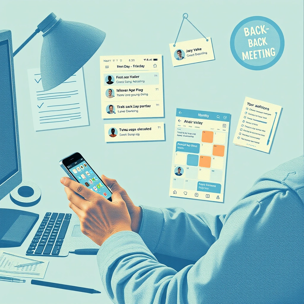 Person distracted by phone notifications and calendar full of meetings.