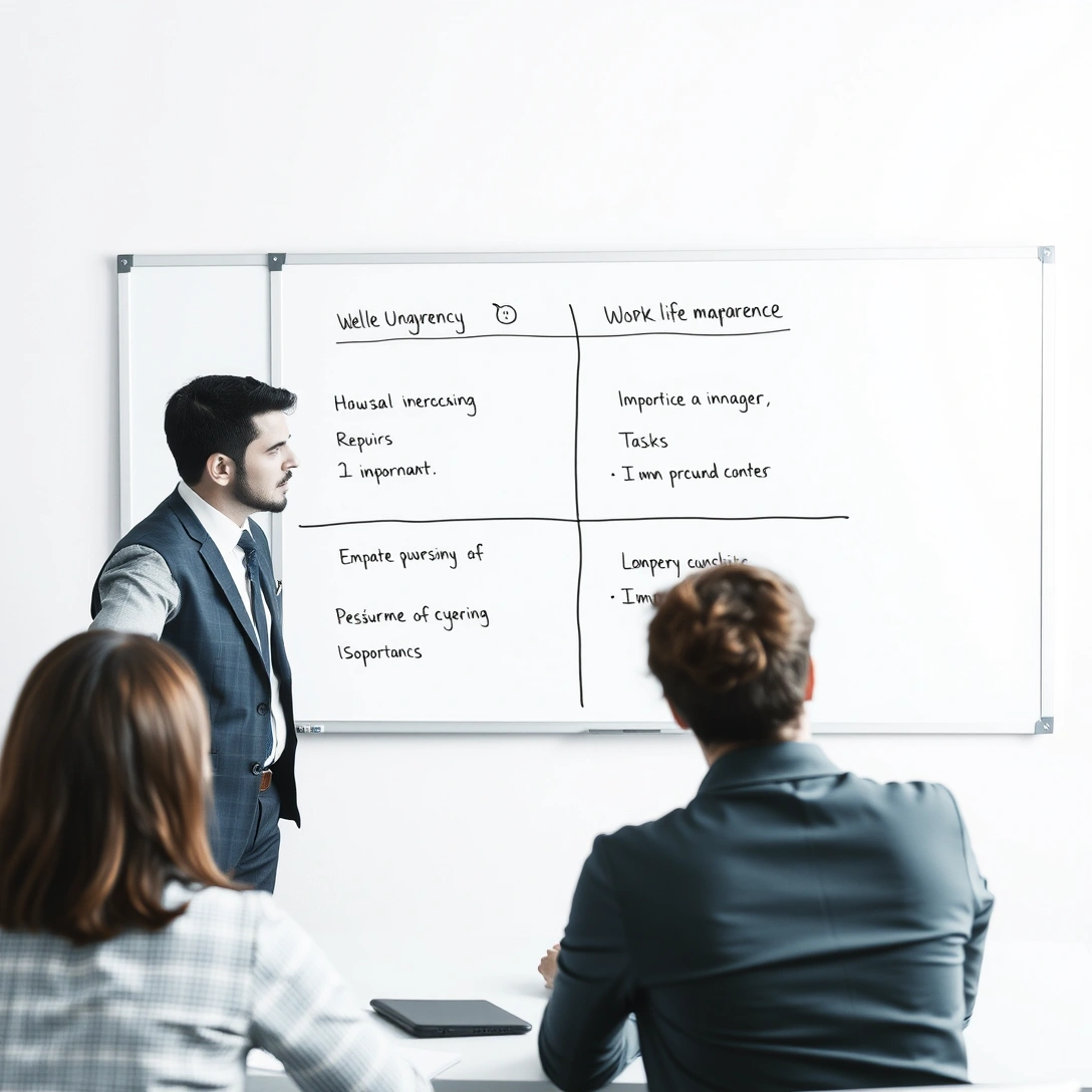 Manager and employee discussing task prioritization at a whiteboard