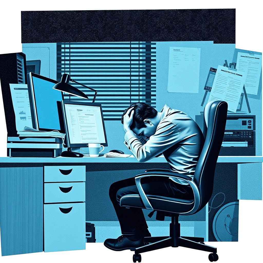 Exhausted employee at desk showing signs of burnout and fatigue