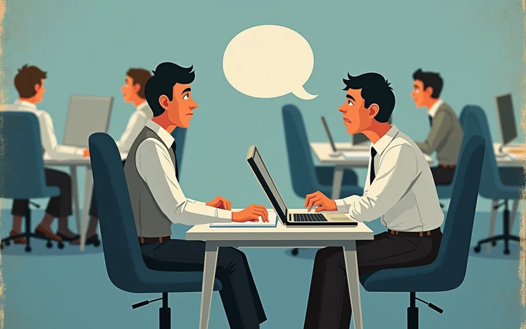 Employee at desk appearing distressed during unwelcome workplace conduct from colleague